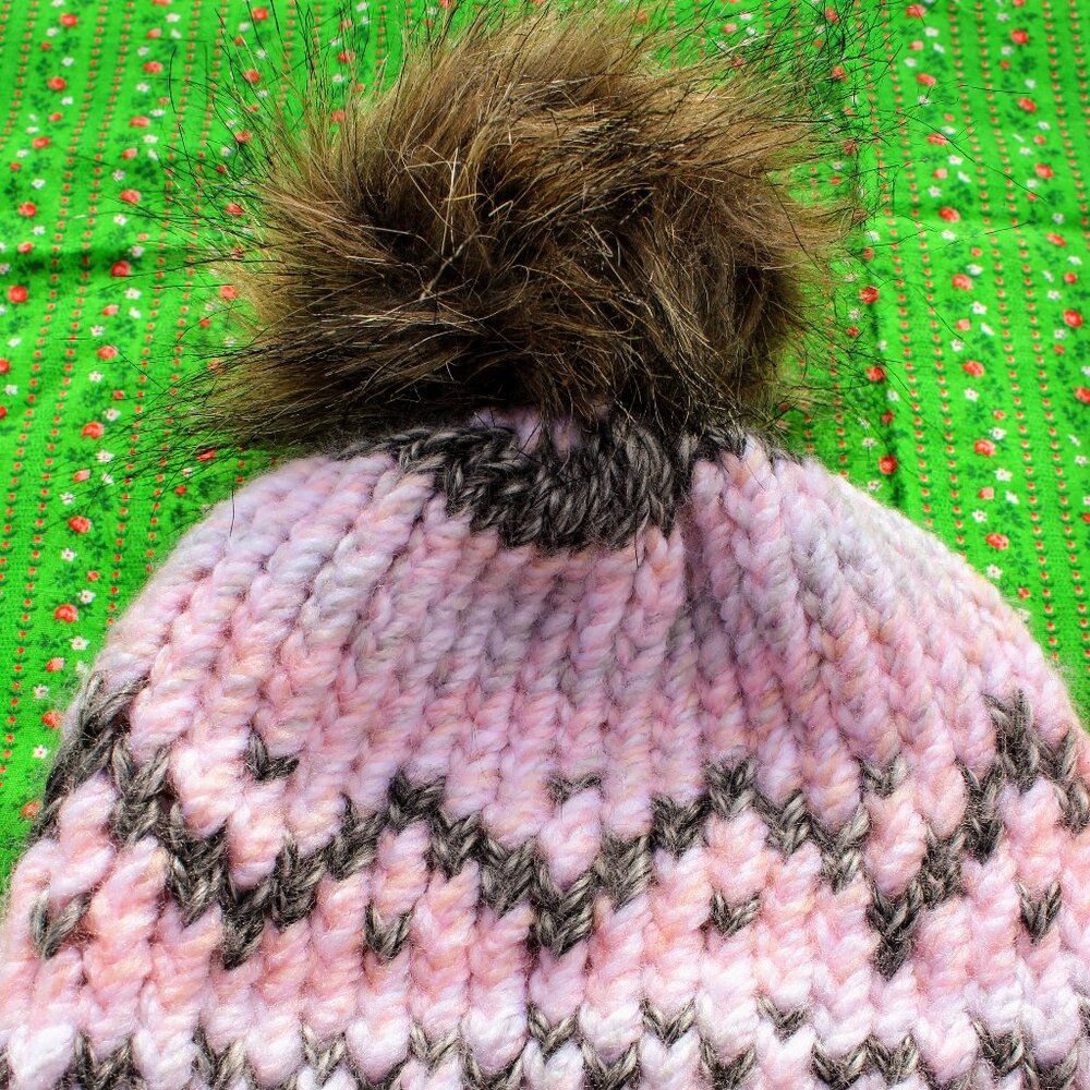 Winter Hand Knit Hat Pink Faire Isle Design Faux Fur PomPom